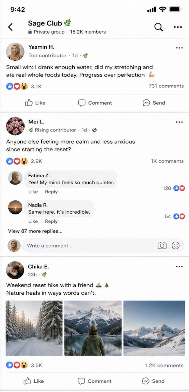 Members sharing daily wins inside the Sage Club private group