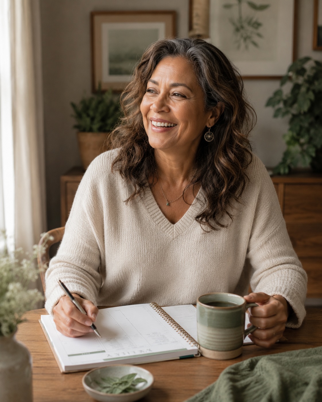 A woman over 50 planning her week with a cup of tea